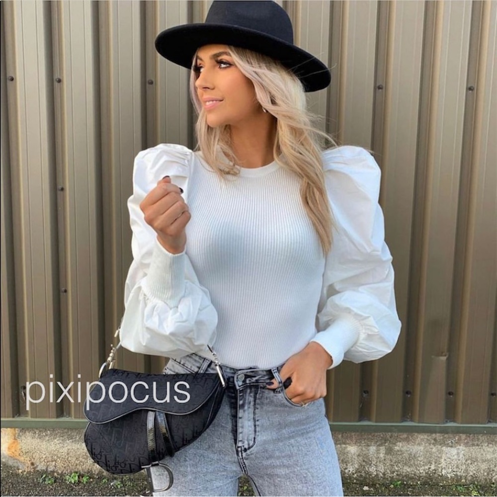 NWT Zara Combination Puff Sleeve Knit Top White